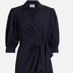 Cinq a Sept Vickie Puff Sleeve Ruffled Mini Wrap Dress Navy Blue V Neck 2 XS
